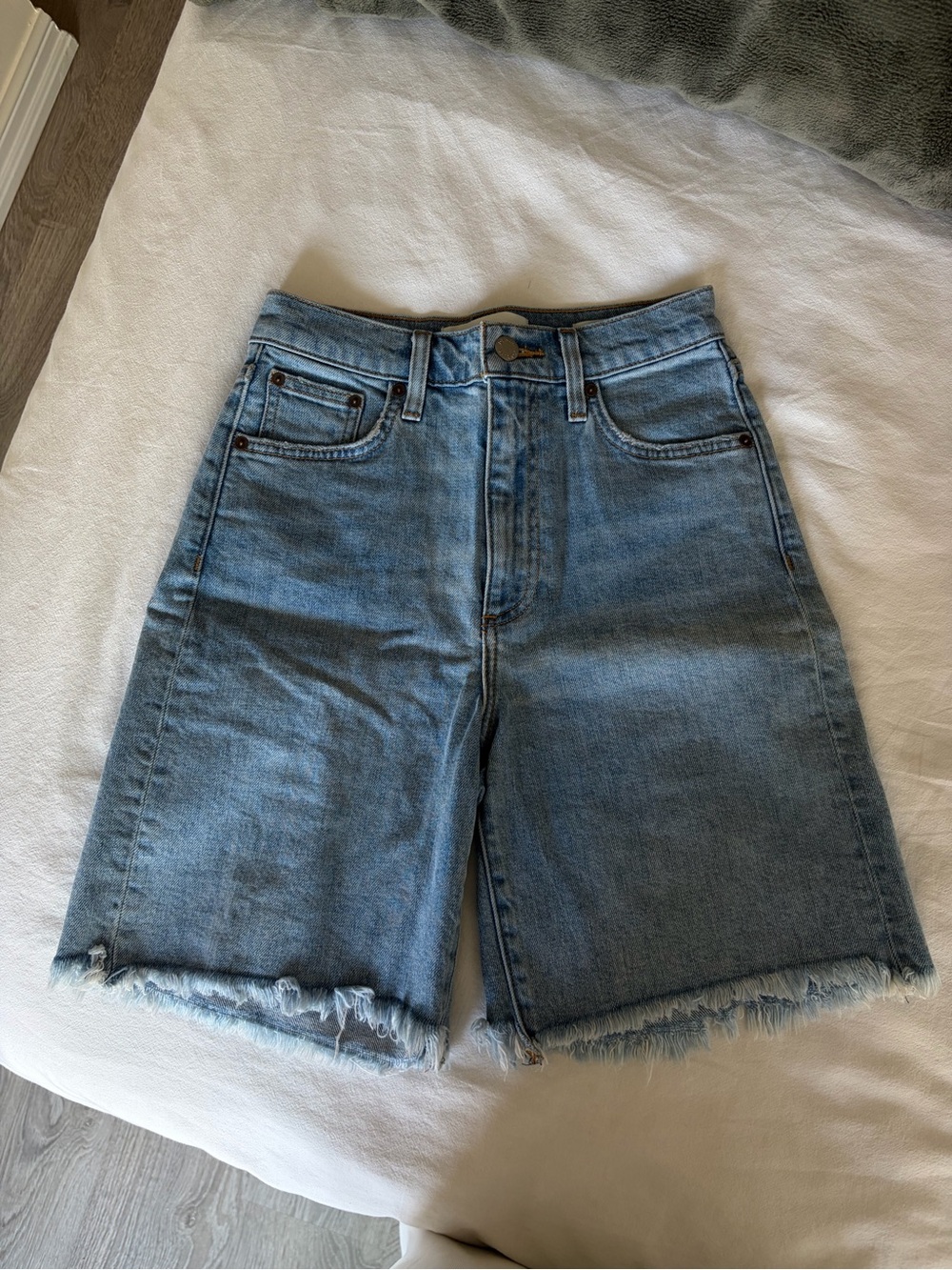 Denim Forum Long Light Blue High-Waist Frayed Hem Jean Shorts
